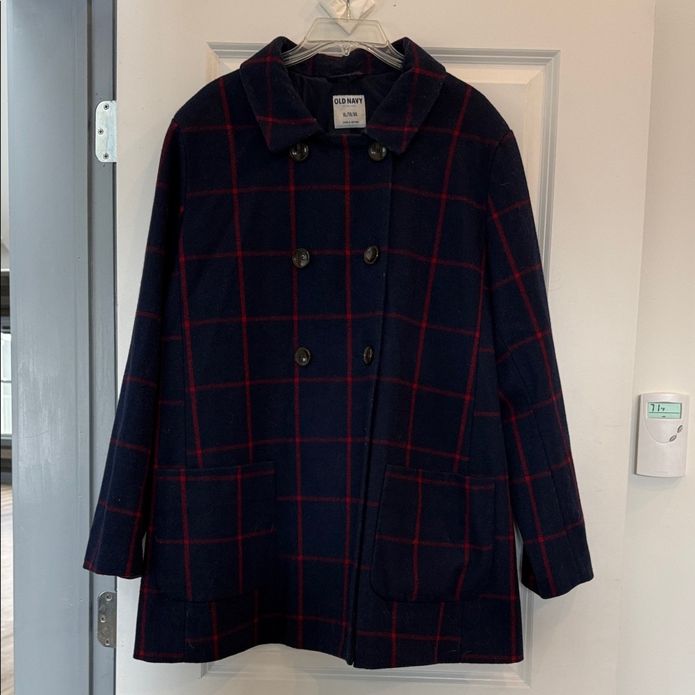Old Navy Women's Checkered Pea Coat in Navy and Red